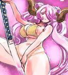  bare_shoulders between_legs bikini breasts cleavage closed_mouth curvy double_bun draph granblue_fantasy hair_over_one_eye highleg highleg_bikini highres holding holding_sword holding_weapon horns huge_breasts katana kuzu_king long_hair looking_at_viewer narmaya_(granblue_fantasy) navel purple_background purple_eyes purple_hair solo swimsuit sword underboob very_long_hair weapon yellow_bikini 