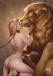  2016 abstract_background bdsm bondage bound breasts collar duo eyes_closed feline female handjob human kissing kneeling leash lion male male/female mammal mushroompus penis 