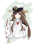  arm_sling bandages borrowed_garments brown_hair cross-counter_(screw_upper) highres injury jacket_on_shoulders kantai_collection kongou_(kantai_collection) long_hair mvp nontraditional_miko purple_eyes smile solo uniform 