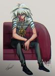  bakura_ryou blue_eyes box couch highres jewelry leaning_forward male_focus millennium_ring necklace signature silver_hair simple_background solo striped white_hair yami_bakura yuu-gi-ou zero-souma 