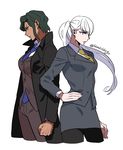  back-to-back bad_id bad_twitter_id blue_eyes blue_neckwear clenched_hand cowboy_shot danganronpa danganronpa_3 dark_skin formal genderswap genderswap_(mtf) green_hair hand_on_hip himduldago long_hair multiple_girls munakata_kyousuke necktie pant_suit pantyhose pencil_skirt pink_eyes ponytail sakakura_juuzou simple_background skirt skirt_suit suit trench_coat twitter_username white_background white_hair yellow_neckwear 