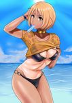  1girl bikini bracelet breasts brown_eyes brown_hair choker cholesenel cleavage large_breasts looking_at_viewer mouth_hold norma_beatty ocean popcicle shiny shiny_hair shiny_skin shirt short_hair solo sunburn sweat swimsuit tales_of_(series) tales_of_legendia tan tanline wet wet_clothes 