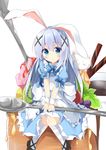  animal_ears apron blue_dress blue_eyes blue_hair bunny_ears dress food gochuumon_wa_usagi_desu_ka? hair_ornament hairclip highres ice_cream kafuu_chino kneehighs knees_together_feet_apart kushida_you long_hair oversized_object ribbon shoes sitting spoon striped striped_legwear tippy_(gochiusa) x_hair_ornament 