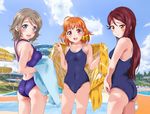  :d ahoge ass blue_eyes blush breasts brown_hair competition_school_swimsuit competition_swimsuit hair_ornament highres keisuke_(0320030103200301) long_hair looking_back love_live! love_live!_sunshine!! medium_breasts multiple_girls one-piece_swimsuit open_mouth orange_hair pool red_eyes red_hair sakurauchi_riko school_swimsuit short_hair sideboob smile swimsuit takami_chika watanabe_you water_slide yellow_eyes 