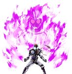  antennae armor belt blue_eyes bttfghn fire glowing glowing_eyes helmet highres kamen_rider kamen_rider_chaser kamen_rider_drive_(series) kamen_rider_mach mask multiple_boys projected_inset purple_fire scarf spoilers wheel white_background 