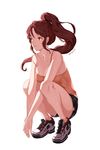  bad_id bad_pixiv_id bangs bare_arms bare_legs bare_shoulders black_shorts breasts brown_hair camisole cleavage collarbone cross-laced_footwear earrings full_body jewelry large_breasts long_hair looking_away orange_eyes original own_hands_together ponytail shade shoes shorts simple_background skindentation sneakers solo squatting strap_slip stud_earrings sweat twitter_username white_background yumaomi 