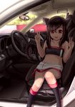  1girl animal_ears boots car_seat child dkoro double_v eyebrows looking_at_viewer mazda mazda_3 navel open_mouth original reflection shadow sitting skirt solo steering_wheel tail v vehicle 