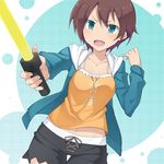  abstract_background brown_hair energy_sword green_eyes lightsaber mzrz navel new_game! shinoda_hajime short_hair solo sword weapon 