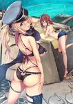  antenna_hair ass bikini blonde_hair blue_eyes breasts brown_hair butt_crack commentary_request copyright_request cover cover_page day from_behind fukai_ryousuke ground_vehicle hat iron_cross large_breasts long_hair medium_breasts military military_hat military_vehicle motor_vehicle multiple_girls ocean panzerkampfwagen_panther peaked_cap short_hair swimsuit tank tiptoes underboob water 