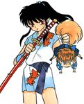  1boy 2boys black_hair brown_hair fox_tail inuyasha kitsune leaf_print mujina mujina_(inuyasha) multiple_boys pointy_ears ponytail shippou_(inuyasha) sword 