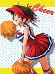  1girl bare_shoulders female g_yukishiro hat looking_at_viewer miniskirt petite pleated_skirt ponytail red_hat red_skirt red_socks short_ponytail skirt sleeveless smile socks solo sweat uniform upper_body upskirt 