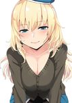  atago_(kantai_collection) beret blonde_hair blue_eyes blush breasts cardigan cleavage collarbone commentary_request eyebrows eyebrows_visible_through_hair gradient_hair hair_between_eyes hat kantai_collection large_breasts long_hair looking_at_viewer multicolored_hair nuko_(mikupantu) shiny shiny_hair shiny_skin simple_background skirt smile solo white_background 