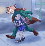  blush canine clothing disney duo female fox judy_hopps lagomorph male mammal nick_wilde paulgq rabbit raining school_uniform simple_background uniform white_background zootopia 