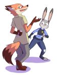  canine clothing disney duo female fox judy_hopps lagomorph male mammal nick_wilde paulgq police_uniform rabbit simple_background sweat sweatdrop uniform white_background zootopia 