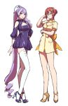  2girls :o :p absurdly_long_hair blue-tinted_eyewear bow breasts cleavage cleavage_cutout dress drill_hair full_body glasses hair_ornament hairclip hand_on_hip high_heels highres kaname_buccaneer long_hair looking_at_viewer macross macross_delta medium_breasts mikumo_guynemer multiple_girls pumps purple_dress purple_footwear purple_hair red_eyes red_hair shimatani_azu short_dress short_hair short_sleeves shoulder_cutout simple_background standing thighhighs tied_hair tongue tongue_out very_long_hair white_background white_dress white_legwear yellow_bow yellow_footwear zettai_ryouiki 