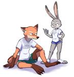  canine clock clothing disney duo female fox judy_hopps lagomorph male mammal nick_wilde paulgq rabbit shorts simple_background sweat sweatdrop white_background zootopia 