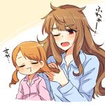  blush brown_hair closed_eyes combing drill_hair houjou_karen idolmaster idolmaster_cinderella_girls kamiya_nao long_hair messy_hair multiple_girls one_eye_closed orange_hair red_eyes saliva shirt translation_request usameruti yawning younger 