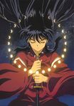  1boy black_hair crescent_moon eyes_closed full_moon inuyasha inuyasha_(character) inuyasha_(human) long_hair male_focus moon necklace night night_sky solo star_(sky) sword tetsusaiga weapon 