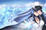  absurdres adjusting_clothes adjusting_hat akame_ga_kill! bad_id bad_pixiv_id blue_eyes blue_hair breasts choker cleavage esdeath hat highres hplay ice large_breasts long_hair looking_at_viewer military military_uniform peaked_cap solo tattoo uniform 