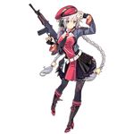  1girl beret between_breasts blue_eyes boots braid breasts cross-laced_footwear full_body girls_frontline goggles gun hair_ornament hammer_and_sickle hat headphones high_heel_boots high_heels holding holding_gun holding_weapon icywood knee_boots long_hair looking_at_viewer necktie necktie_between_breasts official_art ots-12 ots-12_(girls_frontline) pleated_skirt silver_hair skirt solo star star_hair_ornament tactical_clothes thighhighs transparent_background trigger_discipline twin_braids weapon 