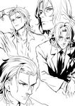  3: asanagi bangs bracelet business_suit closed_mouth collarbone collared_shirt commentary_request formal granblue_fantasy greyscale hair_between_eyes hand_in_hair hand_on_head highres jacket jewelry long_hair long_sleeves male_focus monochrome multiple_boys necktie open_clothes open_shirt percival_(granblue_fantasy) shirt siegfried_(granblue_fantasy) simple_background smile suit upper_body white_background 
