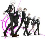  boots danganronpa danganronpa_3 flipped_hair formal from_below gloves group_picture group_profile hair_ribbon hanazawa_kana highres hinata_hajime holster ishida_akira_(seiyuu) kirigiri_kyouko komaeda_nagito lineup long_hair multiple_boys multiple_girls naegi_makoto nanami_chiaki nyangorobei parody pink_eyes ponytail profile psycho-pass purple_eyes purple_hair ribbon seiyuu_connection short_hair skirt suit thigh_holster togami_byakuya 