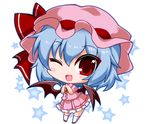  ;d bangs bat_wings blue_hair blush bow brooch chibi commentary dress eyebrows eyebrows_visible_through_hair full_body hair_between_eyes hat hat_bow jewelry looking_at_viewer mob_cap noai_nioshi one_eye_closed open_mouth own_hands_together pink_dress puffy_short_sleeves puffy_sleeves red_bow red_eyes remilia_scarlet short_sleeves simple_background smile solo standing star touhou white_background white_legwear wings 
