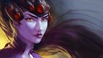  bodysuit chirun closed_mouth eyebrows eyelashes face head_mounted_display highres lips lipstick long_hair looking_at_viewer makeup nose overwatch ponytail purple_hair purple_lips purple_lipstick purple_skin solo turtleneck visor widowmaker_(overwatch) yellow_eyes 