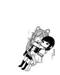  2girls abukuma_(kantai_collection) anchor_print bangs blank_eyes blunt_bangs braid comic disgust fingerless_gloves gloves greyscale hair_rings hair_up hug jitome kantai_collection kitakami_(kantai_collection) knee_up long_hair midriff monochrome multiple_girls on_floor open_mouth otoufu pleated_skirt remodel_(kantai_collection) school_uniform serafuku shaded_face shorts shorts_under_skirt sidelocks skirt socks spoken_ellipsis sweater translation_request white_background 