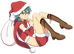  aqua_hair boots crop_top detached_sleeves full_body hat high_heel_boots high_heels inazuma_eleven_(series) inazuma_eleven_go kariya_masaki male_focus midriff riho sack santa_costume santa_hat shorts simple_background solo white_background yellow_eyes 