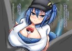  1boy 1girl blue_eyes blue_hair breast_squeeze breasts cap cleavage female_protagonist_(pokemon_go) hat hetero huge_breasts looking_at_viewer pokeball pokemon pokemon_go ponytail pov sexually_suggestive shirt smile solo_focus studiostewkiavu103 text translated 
