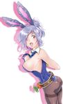  1girl animal_ears artist_request ass belt blush breasts bunny_ears bunny_tail bunnysuit carrot cleavage collar crying from_behind league_of_legends open_mouth pantyhose ponytail riven_(league_of_legends) short_hair tear tie tied_up white_hair yellow_eyes 