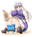  2girls ankle_boots bloomers blue_hair blush boots breasts cheese_trail cirno crushing dress eating fat food hat knees_together_feet_apart kurokaze_no_sora large_breasts letty_whiterock long_sleeves multiple_girls obese pizza pizza_box plump purple_eyes purple_hair saliva scarf short_hair sitting sitting_on_person skirt skirt_set sweat tareme touhou triangular_headpiece turn_pale undersized_clothes underwear 