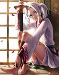  androgynous ankle_wrap arslan arslan_senki barefoot blue_eyes feet indoors long_hair long_legs looking_at_viewer male_focus mool_yueguang parted_lips petals ponytail sidelocks sitting smile solo sword weapon white_hair 