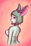  big_ears blush breasts bust_(disambiguation) cute diechromatic female from_the_back fur green_fur green_hair hair half_body horn jackalope lagomorph looking_at_viewer mammal minty_(colydos) nipples nude rabbit red_eyes simple_background smile stripes 