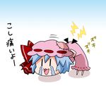  :3 bent_over blue_hair bow chibi commentary crying dress full_body gradient gradient_background hair_bow hat mob_cap multicolored multicolored_background noai_nioshi open_mouth pink_dress puffy_short_sleeves puffy_sleeves red_bow remilia_scarlet ribbon-trimmed_clothes ribbon_trim short_sleeves smile solo standing stitches streaming_tears tears touhou translated two-tone_background |_| 