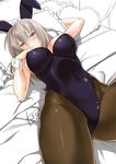  animal_ears bed blue_eyes breasts bunny_ears bunnysuit frilled_pillow frills girls_und_panzer highres itsumi_erika large_breasts lying on_back on_bed pantyhose parted_lips pillow short_hair silver_hair solo takano_yuki_(mangaka) wrist_cuffs 