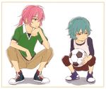  :t aqua_hair ball border inazuma_eleven_(series) inazuma_eleven_go kariya_masaki kirino_ranmaru male_focus multiple_boys pink_hair riho simple_background soccer_ball squatting telstar twintails white_background younger 