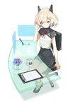  blonde_hair blue_eyes chinese_clothes clipboard cup flower hair_ornament hairclip holographic_monitor looking_at_viewer mgg_(x_arte) mug original pantyhose pencil pencil_skirt robot_ears short_hair sitting skirt smile solo table 
