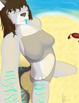  anthro beach black_nose brown_hair canine clothing female fur grey_eyes grey_fur hair jdwar kat_(jdwar) looking_at_viewer mammal markings one-piece_swimsuit seaside selfie shaded summer swimsuit tongue tongue_out wolf 