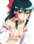  black_hair bow breasts cleavage collarbone detached_sleeves eyebrows eyebrows_visible_through_hair grabbing hair_between_eyes hair_bow hakurei_reimu lace-trimmed_sleeves long_hair looking_at_viewer medium_breasts navel orange_eyes red_bow red_ribbon ribbon simple_background solo topless touhou tsubuki_(ron-bb69) white_background 