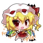  ascot bangs bat blonde_hair blush bow character_name chibi commentary dress eyebrows eyebrows_visible_through_hair fang flandre_scarlet full_body hair_between_eyes hat hat_bow looking_at_viewer mob_cap noai_nioshi open_mouth puffy_short_sleeves puffy_sleeves red_bow red_eyes short_sleeves simple_background smile solo standing star touhou white_background white_legwear wings 