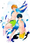  adonis_belt black_hair feathers haikyuu!! hinata_shouyou kageyama_tobio looking_at_viewer male_focus male_swimwear multiple_boys navel open_clothes open_shirt orange_hair outstretched_arm shirt smile swim_trunks swimwear yooani 