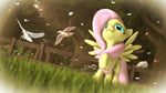  2016 3d_(artwork) biting_tongue blue_eyes cutie_mark detailed_background digital_media_(artwork) equine eyelashes feathered_wings feathers female feral flower fluttershy_(mlp) friendship_is_magic fur grass hair hi_res horse long_hair low-angle_view mammal my_little_pony outside pegasus pink_hair plant pony smile solo sosoft source_filmmaker tongue tree vignette wings 