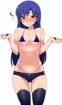  ass_visible_through_thighs bikini black_legwear blue_bikini blue_hair blush breasts brown_eyes clenched_teeth embarrassed highleg highleg_bikini idolmaster idolmaster_(classic) kisaragi_chihaya long_hair micro_bikini namidame navel nose_blush open_fly outstretched_wrists short_shorts shorts simple_background small_breasts solo string_bikini swimsuit teeth thighhighs w_arms white_background 