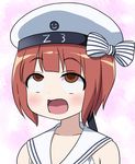  ahegao bare_shoulders bikini blush brown_eyes clothes_writing collarbone commentary hat kantai_collection masara masara_ahegao open_mouth ribbon sailor_bikini sailor_collar sailor_hat short_hair solo striped striped_ribbon swimsuit upper_body white_bikini white_hat z3_max_schultz_(kantai_collection) 