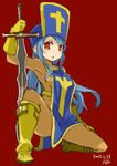  :o belt_boots blue_hair bodystocking bodysuit boots dated dragon_quest gloves hat holding holding_sword holding_weapon knee_boots long_hair long_sword looking_at_viewer mota orange_bodysuit orange_eyes priest_(dq3) red_background simple_background solo squatting sword tabard weapon yellow_footwear 