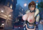  1girl areolae artist_name black-framed_glasses breasts breasts_outside brown_eyes brown_hair collar fur-lined_jacket glasses hair_bun hair_ornament hairpin large_breasts looking_at_viewer mei_(overwatch) nipples open_jacket overwatch solo 