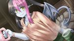  black_hair blue_skin blush commentary_request cup demon_tail demon_wings green_eyes looking_at_viewer monster_girl multicolored_hair original pink_hair pointy_ears short_hair_with_long_locks smile solo tail tea two-tone_hair umarutsufuri wings 