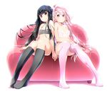  akata_itsuki bell black_hair blush breasts convenient_leg hair_bell hair_ornament highres kneehighs lingerie long_hair multiple_girls no_shoes pink_eyes pink_hair red_eyes see-through side-by-side small_breasts thighhighs underwear very_long_hair 